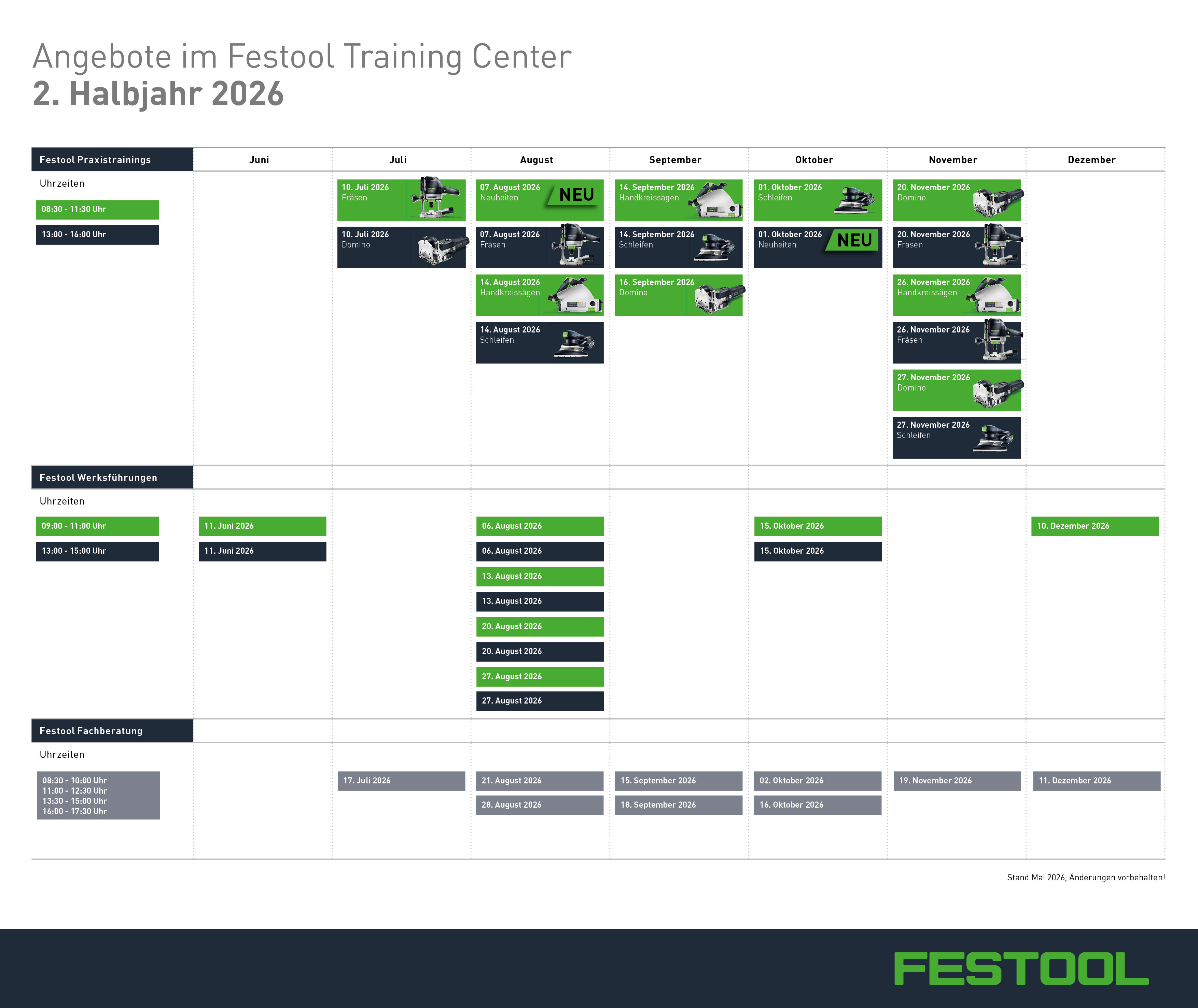 Übersicht aller Termine im Festool Training Center